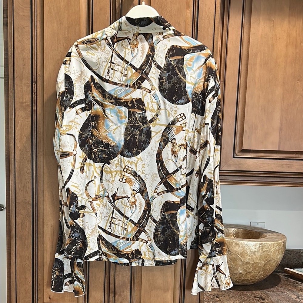Escada Multicolor Abstract button down blouse with ruffle details. Size 44/L - Picture 8 of 10